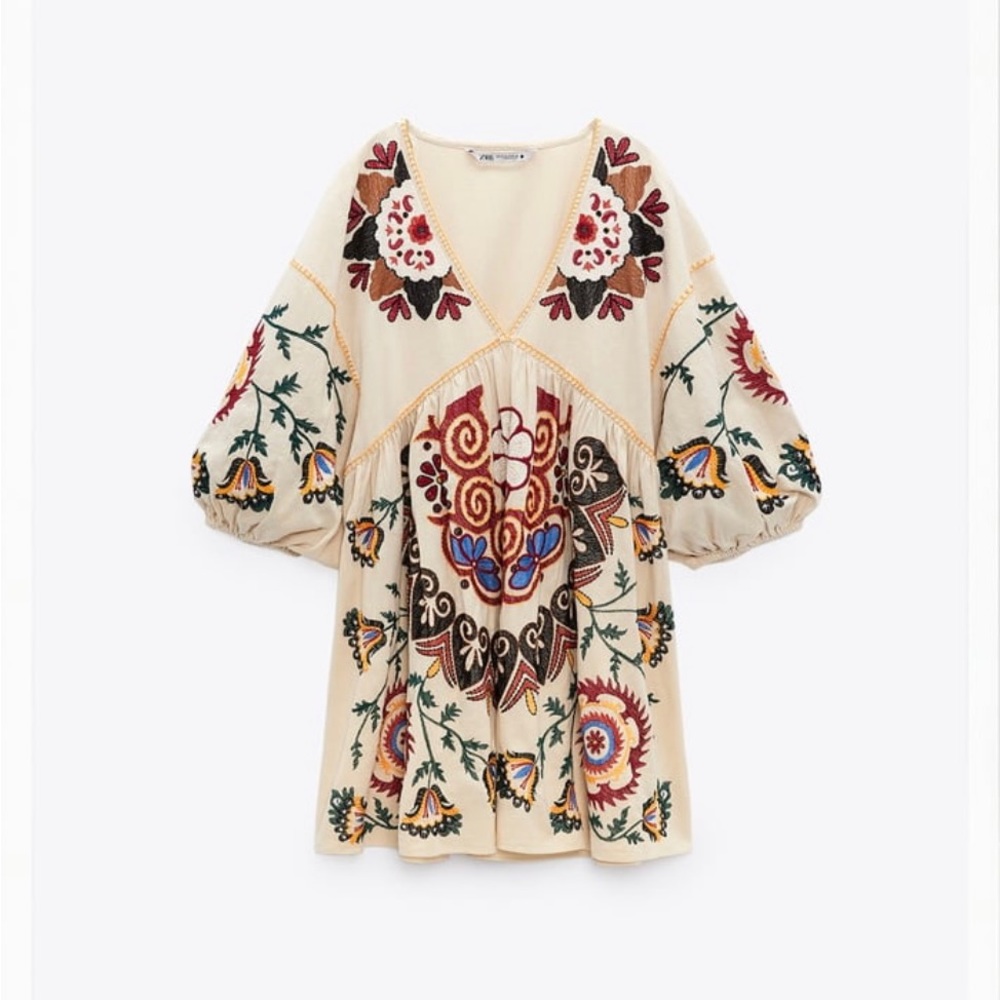 Zara linen blend embroidered mini dress, size XS